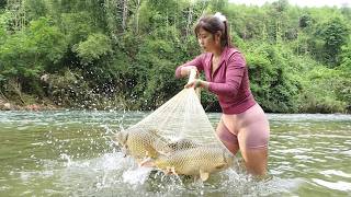 Full Video: Girl Fishing Alone on Stream and Lake, Fishing Techniques Harvest a Lot of Big Fish.