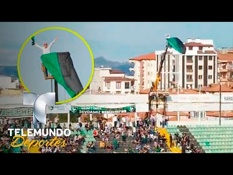 ¡Pasión  a otro nivel! Le prohíben ir al Estadio y alquila una grúa | Videos Virales | Telemundo