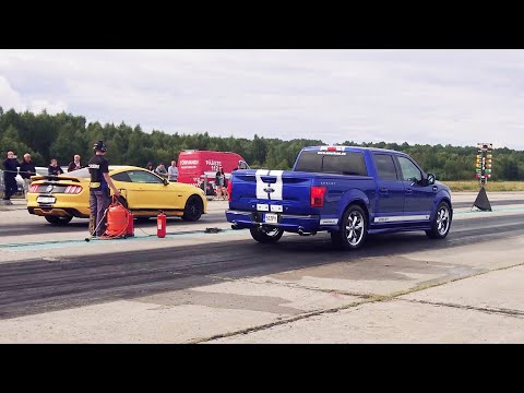 Ford Mustang GT 5.0 vs Shelby F-150 Super Snake 5.0 1/4 mile drag race