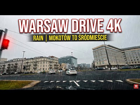 Warsaw Drive 4K: Mokotów to Śródmieście in Rain (Suwak, Żwirki i Wigury, Al. Niepodległości)