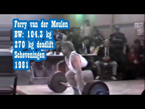 Ferry van der Meulen (BW: 104.3 kg klasse tot 110.0 kg) deadlift 270 kg Scheveningen 1981.