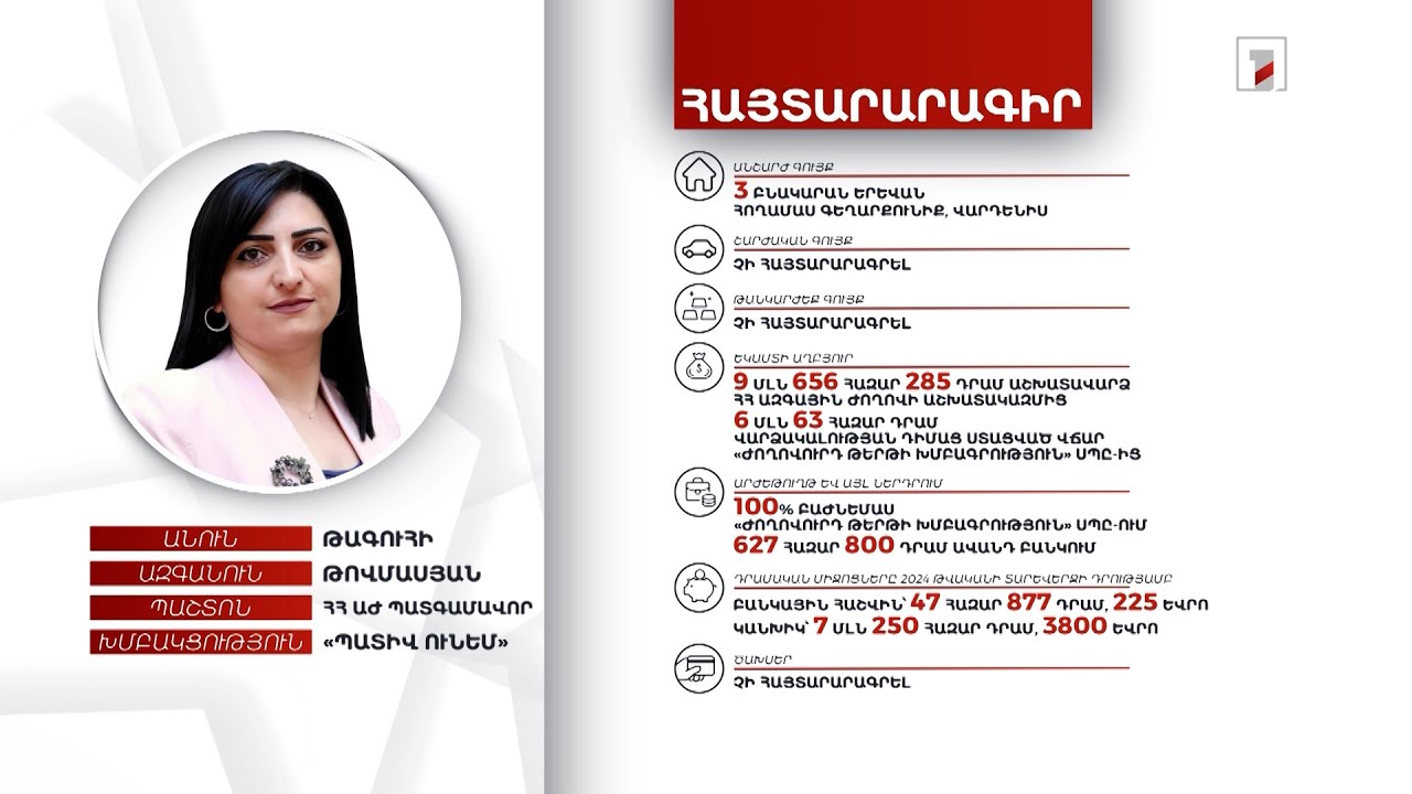 4 անշարժ գույք, 7 մլն 297 հազար դրամ. ՀՀ ԱԺ պատգամավոր Թագուհի Թովմասյանի հայտարարագիրը
