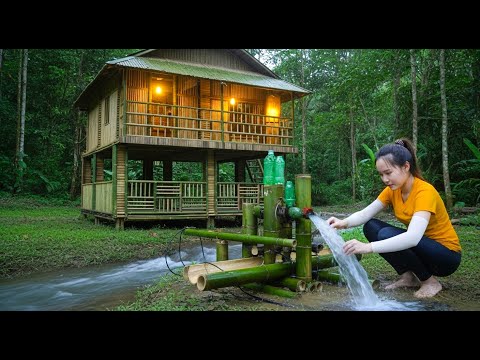 Bamboo House Shines at Night | Asian Girl Repairs Hydropower by the Stream