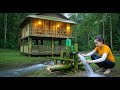 Bamboo House Shines At Night Asian Girl Repairs Hydropower By The Stream