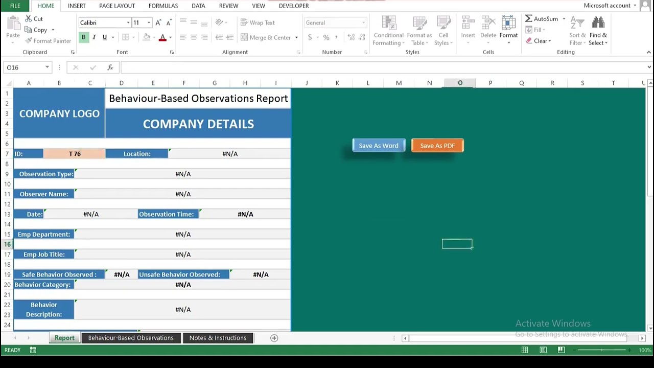 Behavior based safety observation template