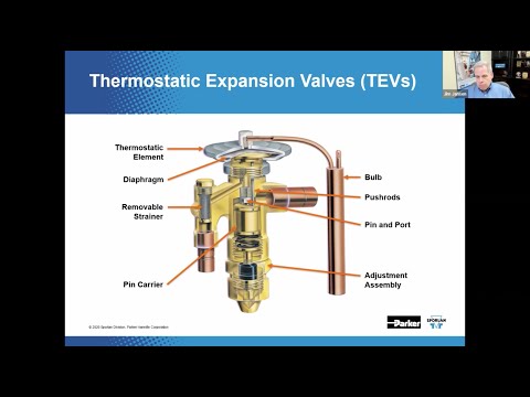 This video is a Parker Sporlan webinar tutorial explaining the operation, identification, and sizing of Thermostatic Expansion Valves (TEVs).