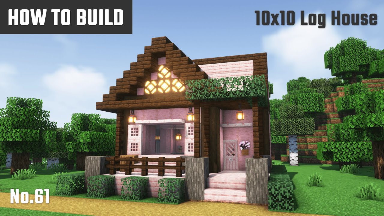 マイクラ建築:サクラの木を使ったピンク色のシンプルな洋風の家の作り方。10x10ブロックで簡単に。No.61【Minecraft ...