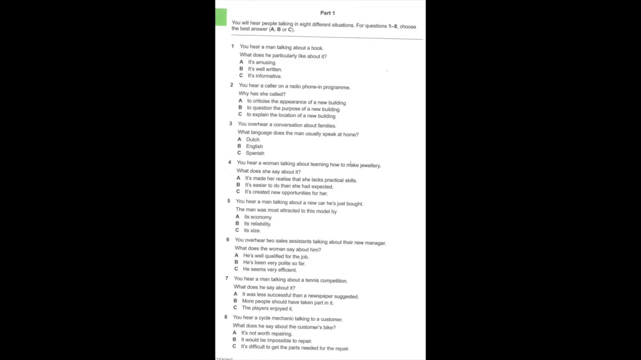 Listening B2, FCE Practice Plus 2 2015, Test 4, Part 1