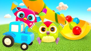 Hop Hop and Peck Peck play with a toy tractor & balls on a toy slide. Baby cartoons for children.