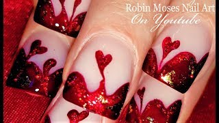 Blood Red Valentine's Day Nails | Dark Red Glitter Hearts Nail Art Design Tutorial