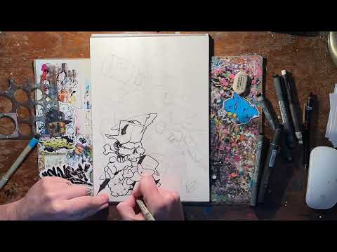 Inking a graffiti blackbook illustration in just black ink - Timelapse