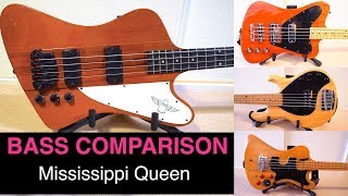Video thumbnail for 5 BASS COMPARISON [Mississippi Queen bass cover] - Gibson vs Mike Lull vs Musicman vs Ibanez by Chokuju-Johnny
