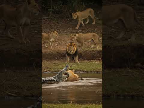 A crocodile battles a lion in the river as lions observe. #animals #wildlife #lion