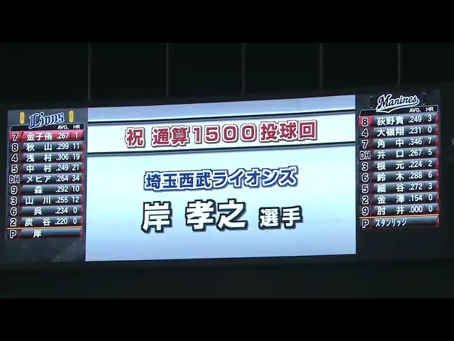 【5回裏】ライオンズ・岸 1500投球回達成!! 2016/9/14 M-L