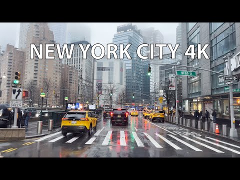 Rainy Midtown Manhattan 4K - Driving Downtown - New York City USA