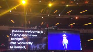 A teleprompter view of Jonathan Groff presenting Idina Menzel