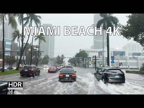 Miami Beach 4K - Flooded Streets & Heavy Thunderstorms - Driving Downtown