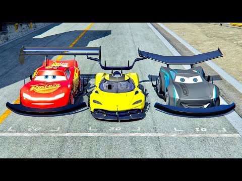 Lightning McQueen GTR vs Koenigsegg Tornado Concept vs Jackson Storm GTR - Drag Race