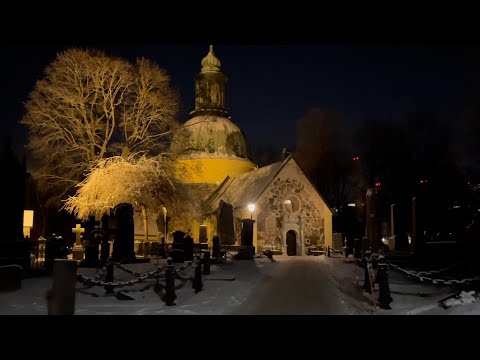 Stockholm Walks: Solna medieval church and cemetery. Sounds of footsteps on snow at -12 Celsius