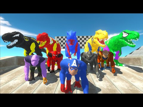 5 T-rex Superheroes vs 5 King Kong Dc Marvel Speed Race Championship Hunting Found Jurassic world