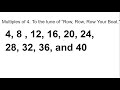 Song of Multiples of 4 to the tune of  Row, Row, Row Your Boat. Multiplication Facts of 4 song.