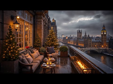 Winter Jazz Café in London ☕ Cozy Balcony Ambience & Fireplace | Calm Jazz Music for Relaxing, Focus