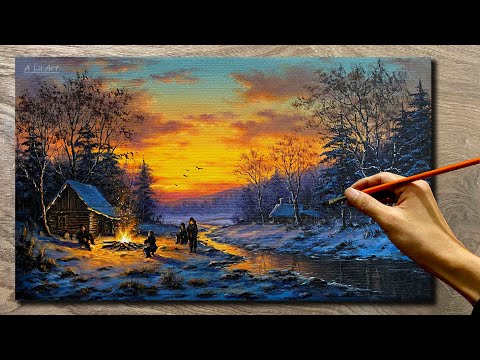 Draw a winter bonfire scene /#94/ Winter landscape painting / Acrylic painting / A Lu Art
