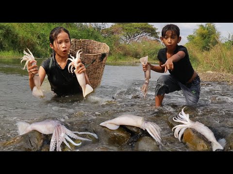 Found pick up squid by river- Cooking squid curry spicy with pepper for lunch in forest