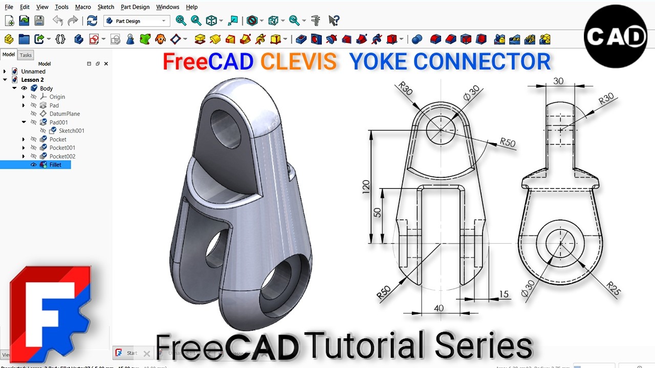 FreeCAD Beginner Course | Module 1 – Lesson 7 | How to Model a Clevis Step-by-Step | Part Design