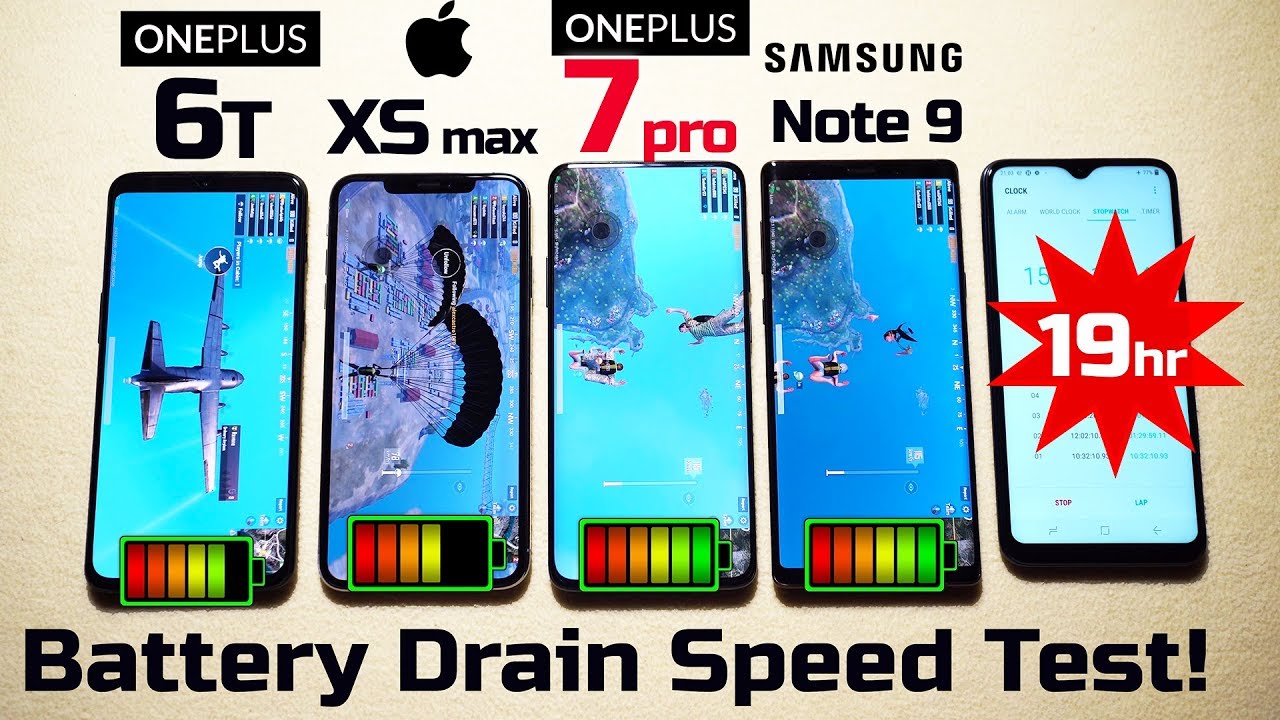OnePlus 7 Pro vs iPhone XS Max vs Note9 vs OP6T Battery Drain Speed Test! [4K] UNEXPECTED RESULT!😲