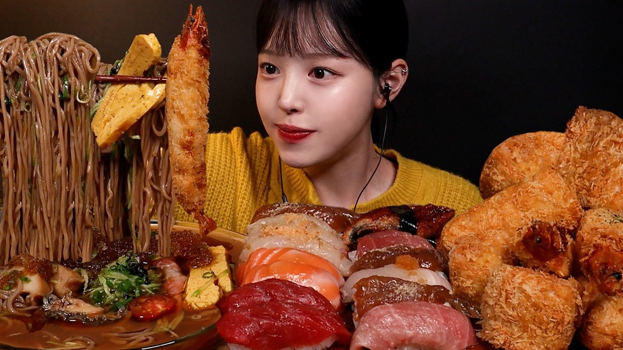 SUB)최애 초밥에 대왕 돈까스 먹방! 여름 오기 전 냉모밀까지 미친 조합 가져왔어요 참치뱃살 연어 간장새?