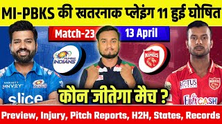 TATA IPL 2022, Match 23 : MI VS PBKS Playing 11, Preview, Pitch Reports, H2H, Records,Win Prediction