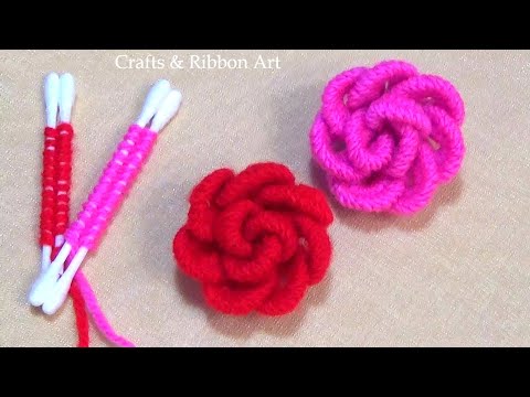 Amazing Trick with Cotton Bud - Easy Woolen Rose Making Ideas - 3d Hand Embroidery Flower Design