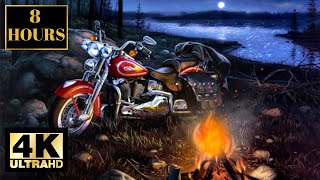 Harley Davidson Motorcycle Fire Moon Water Wallpaper Screensaver Background 4K 8 HOURS With Music