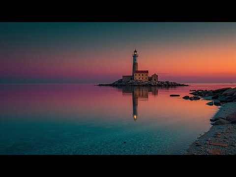 Gelassener Leuchtturm-Sonnenuntergang für Ultimative Konzentration und Produktive Arbeit