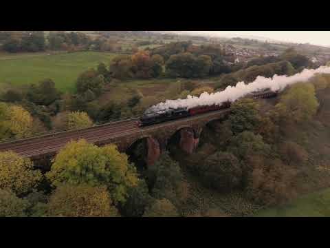 Steam engine Leander - train crossing Long Marton Viaduct, Cumbria - drone 4K