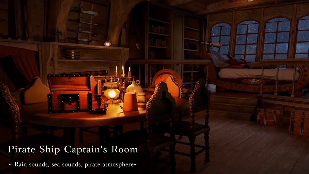 [ASMR/環境音]大嵐の海原を進む海賊船の船長室/8時間/ファンタジー/雨の音、雷の音、船の音