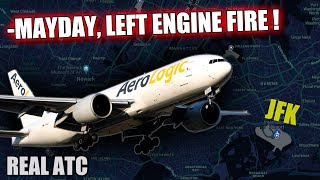 ENGINE FIRE on Approach. AeroLogic Boeing 777. REAL ATC