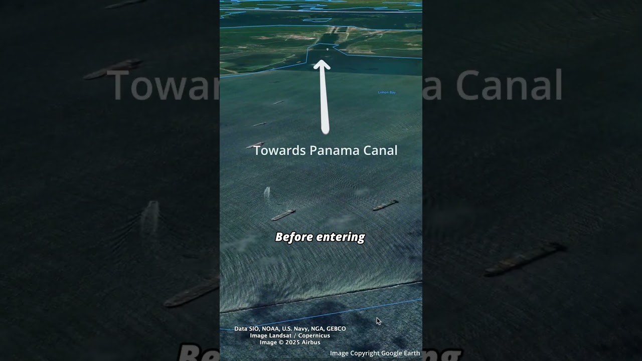 Panama Canal from Google Earth, Journey of Cargo Ships from the US and Europe to China and Asia
