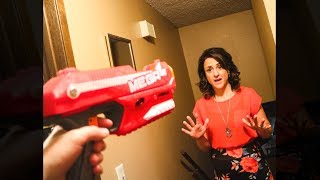 Shooting my mom with an explosive nerf gun dart mod..
