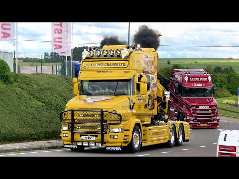 Truckshow Ciney 2024 Part 1 with Scania V8 open pipes sound , custom semi Trucks