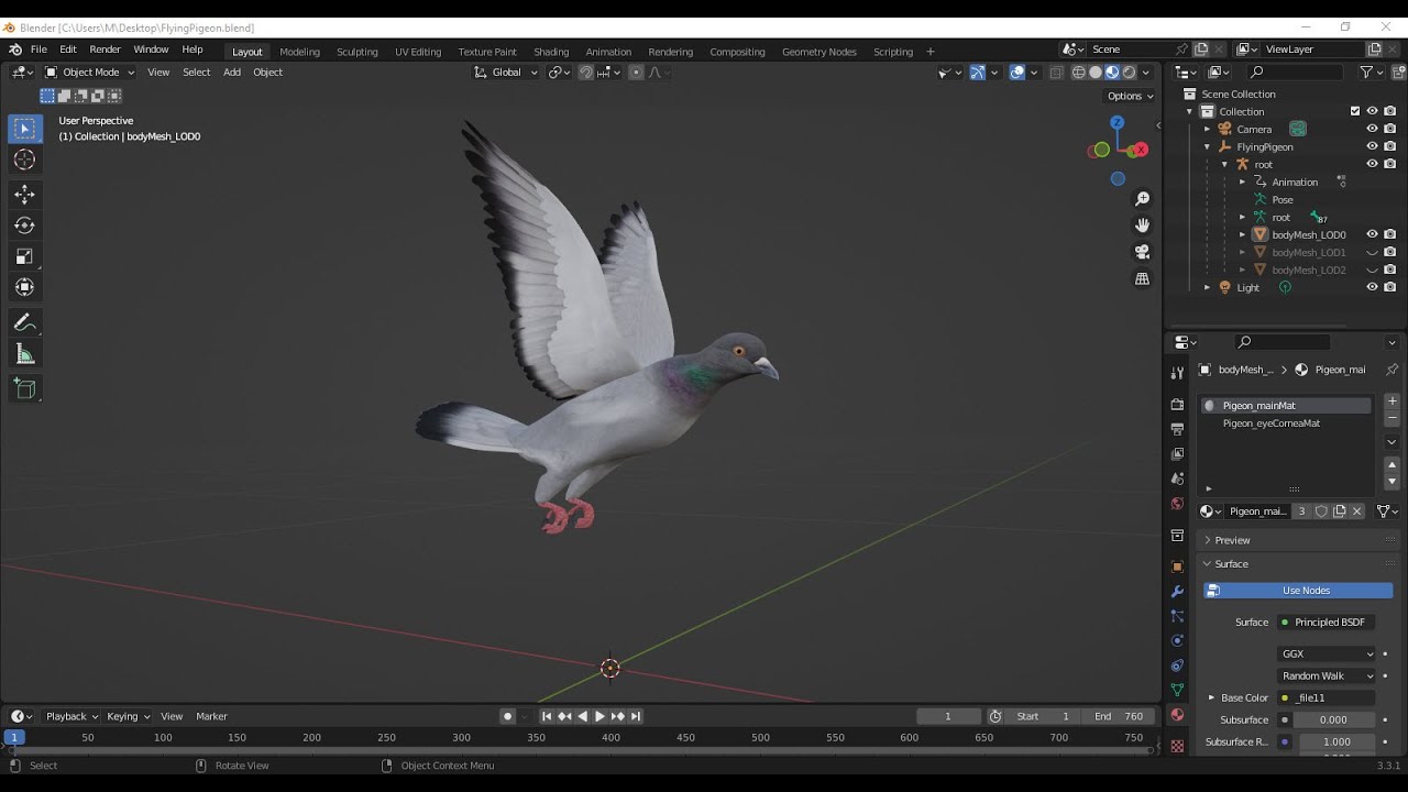 Realistic flying Pigeon - LOOP FLIGHT animations Low-poly 3D Model