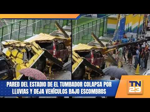 Pared del estadio de El Tumbador colapsa por lluvias y deja vehículos bajo escombros