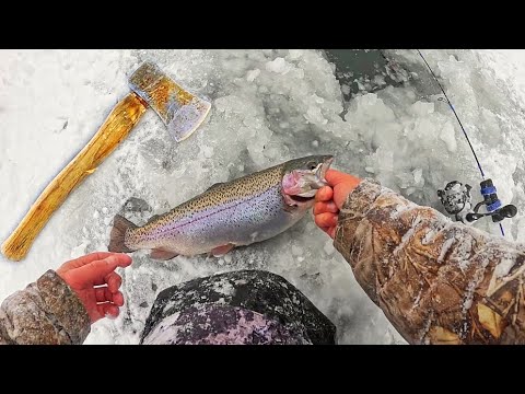 Using a HATCHET to Catch GIANT Trout!!! Ice Fishing CATCH & COOK
