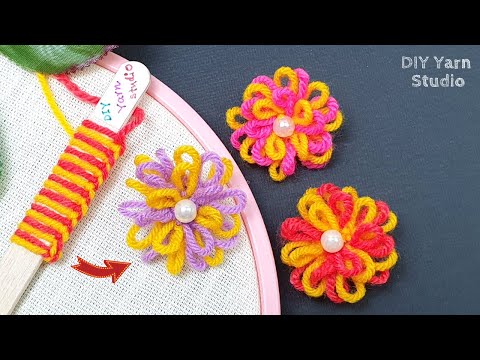 Super Easy Woolen Craft Ideas with Ice Cream Stick -  No Crochet Yarn Flowers - DIY Yarn Studio