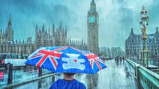 London Heavy Rain Showers ☔️ Iconic London City Streets Walk Tour | 4K HDR