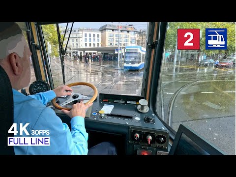 Very slippery & flooded tracks! | 🇨🇭 Cab Ride Zürich Tram Line 2 | Geissweid - Tiefenbrunnen [4K]