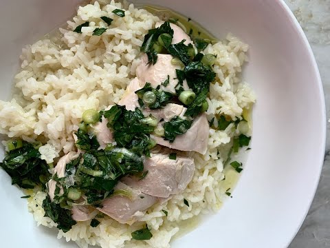 WHAT'S FOR DINNER | MOLLY BAZ | POACHED CHICKEN OVER BROTHY RICE WITH CILANTRO SCALLION SAUCE