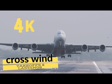 Airbus A380 and other Aircraft Crosswind Takeoffs and Landings in stormy weather 4K Video