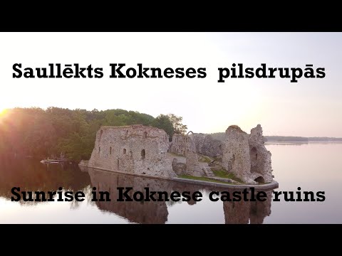 Koknese castle ruins during Sunrise 2020 4k.  DJI Mavic Pro Platinum. Kokneses Pilsdrupas saullēktā.